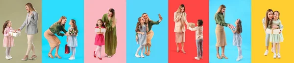Collage Lycklig Kvinna Och Hennes Bedårande Lilla Dotter Färg Bakgrund — Stockfoto