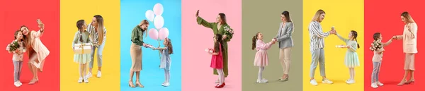 Uppsättning Lycklig Kvinna Och Hennes Bedårande Lilla Dotter Färg Bakgrund — Stockfoto
