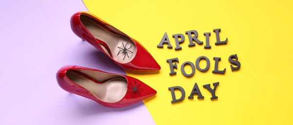 Text April Fools Day Shoes Spiders Color Background — Stock Photo, Image