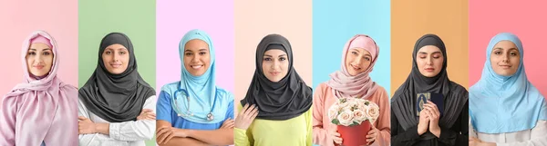 Conjunto Mulheres Muçulmanas Fundo Cor — Fotografia de Stock