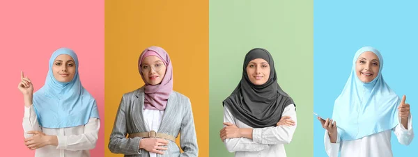 Colagem Mulheres Negócios Muçulmanas Fundo Cor — Fotografia de Stock
