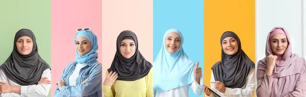 Csoport Muszlim Nők Színes Háttér — Stock Fotó