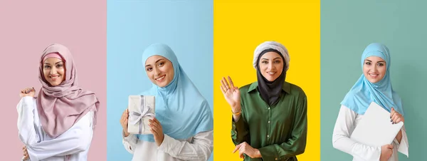 Kollázs Muszlim Nők Színes Háttér — Stock Fotó