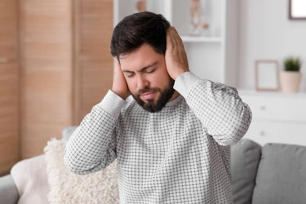 Young Man Suffering Loud Noise Home — Stock Photo, Image