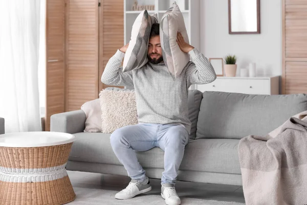 Young Man Pillows Suffering Loud Noise Home — Stock Photo, Image