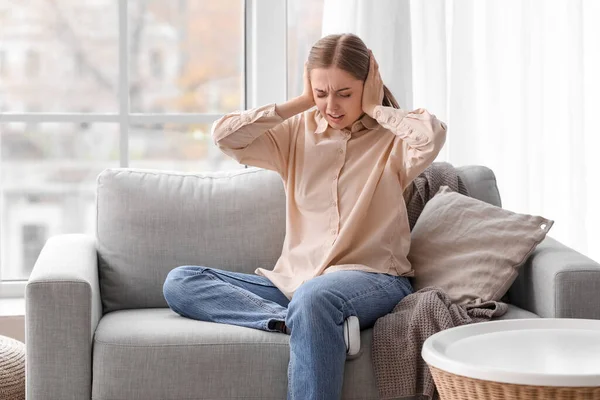 Irritated Young Woman Suffering Loud Noise Home — Stock Photo, Image
