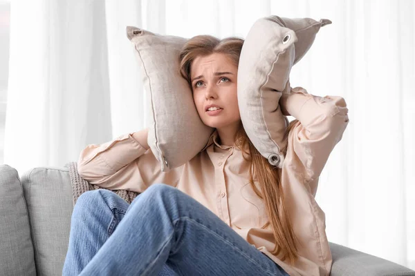 Upset Young Woman Pillows Suffering Loud Noise Home — Stock Photo, Image