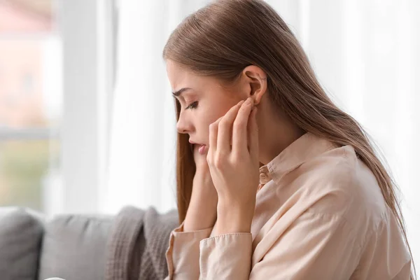 Young Woman Ear Plugs Suffering Loud Noise Home Closeup — Stock Photo, Image