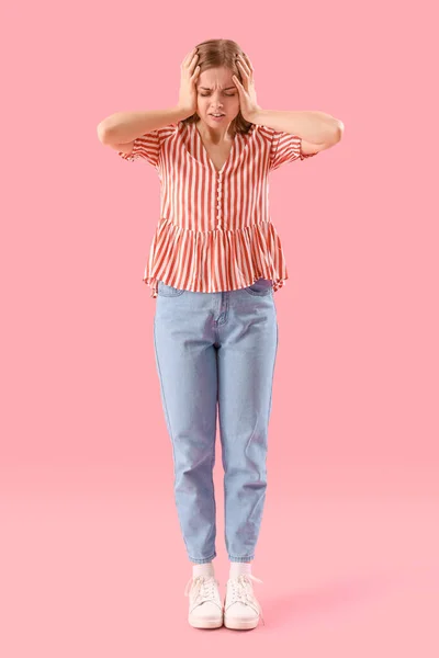 Young Woman Suffering Loud Noise Pink Background — Photo