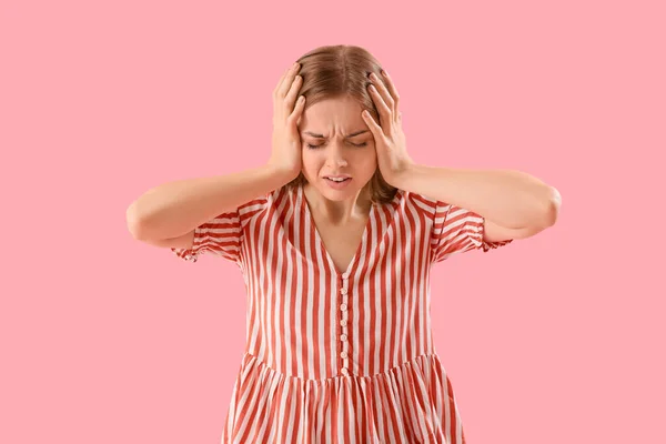 Young Woman Suffering Loud Noise Pink Background —  Fotos de Stock
