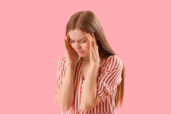 Young Woman Suffering Loud Noise Pink Background — Stock fotografie