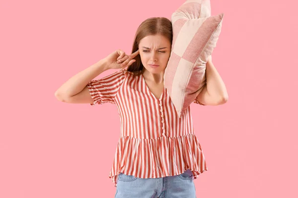 Young Woman Pillow Suffering Loud Noise Pink Background — стоковое фото