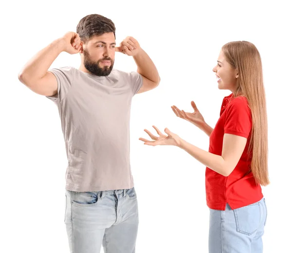 Young Woman Shouting Her Husband White Background — Photo
