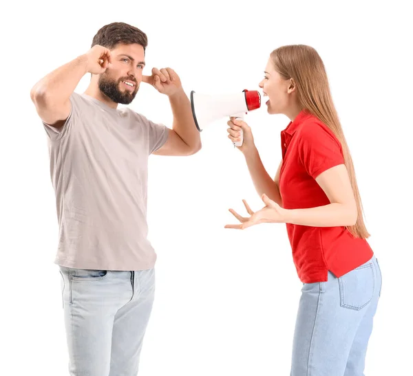 Young Woman Megaphone Shouting Her Husband White Background — Stock Photo, Image