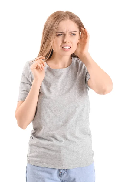 Irritated Young Woman Suffering Loud Noise White Background — Zdjęcie stockowe