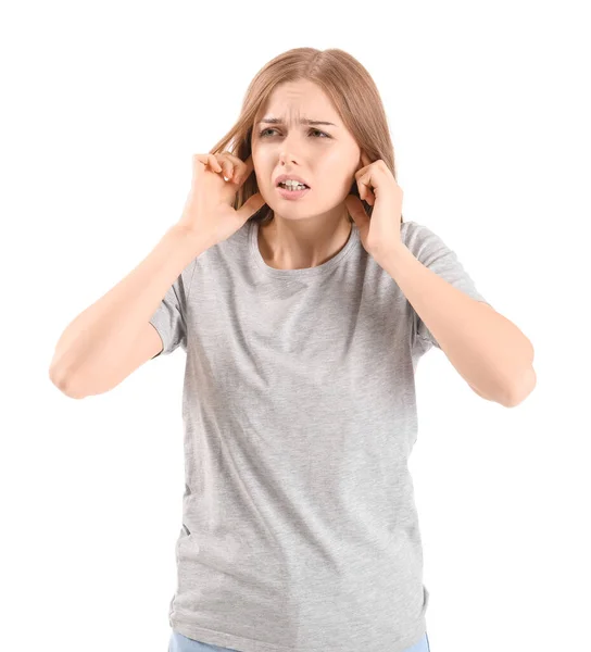 Irritated Young Woman Suffering Loud Noise White Background — Foto Stock