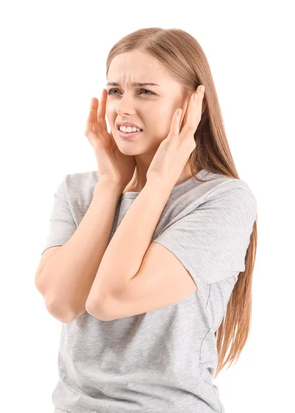Irritated Young Woman Suffering Loud Noise White Background —  Fotos de Stock