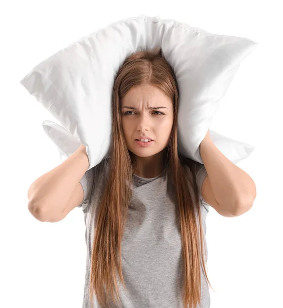 Irritated Young Woman Pillow Suffering Loud Noise White Background — Stock Photo, Image