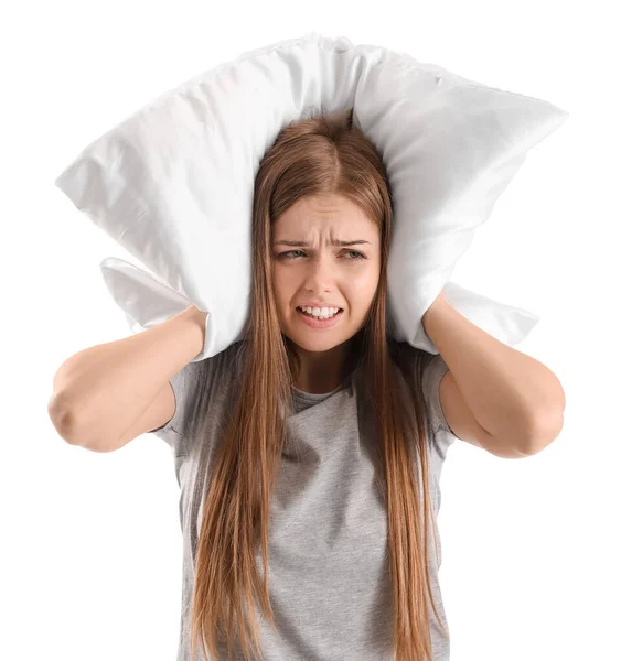 Irritated Young Woman Pillow Suffering Loud Noise White Background — Stock Photo, Image