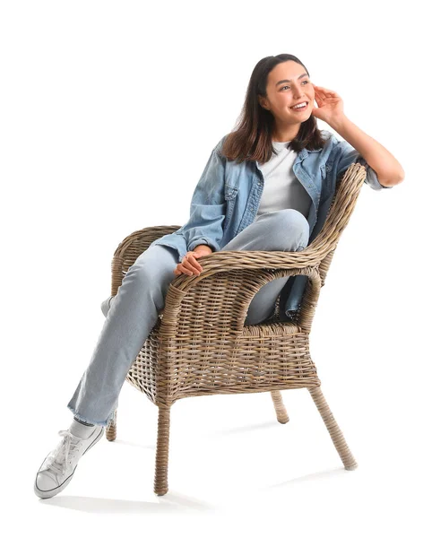 Young Woman Sitting Wicker Armchair White Background — Foto de Stock