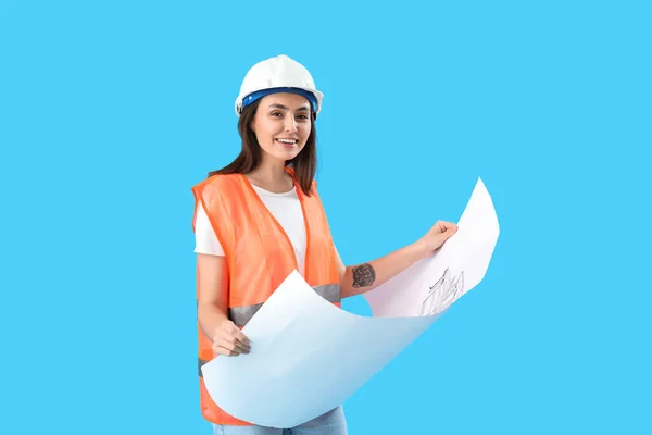 Female Engineer Drawing Blue Background — Φωτογραφία Αρχείου