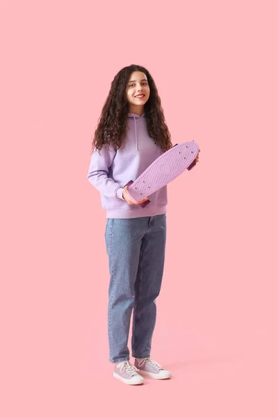Teenage Girl Skateboard Pink Background — Stock Photo, Image