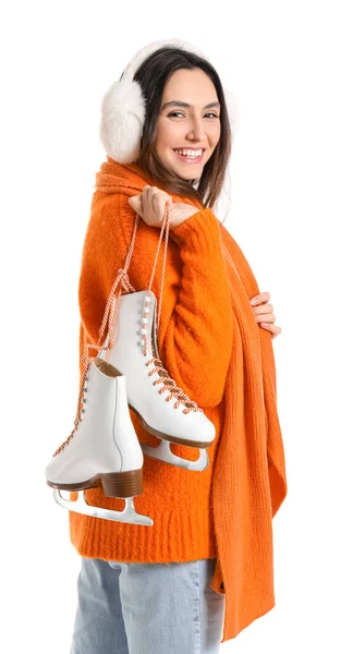 Pretty Young Woman Ice Skates Isolated White Background — Stockfoto