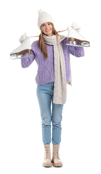 Pretty Young Woman Ice Skates Isolated White Background —  Fotos de Stock