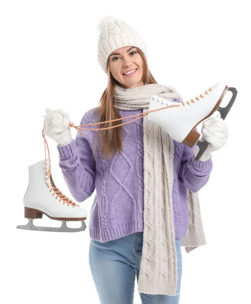 Pretty Young Woman Ice Skates Isolated White Background — Stock Photo, Image