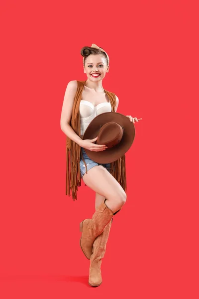 Young Pin Woman Cowboy Hat Red Background — Stock Photo, Image