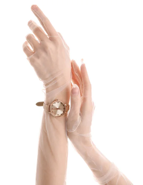 Kvinna Handskar Med Gyllene Armbandsur Vit Bakgrund — Stockfoto