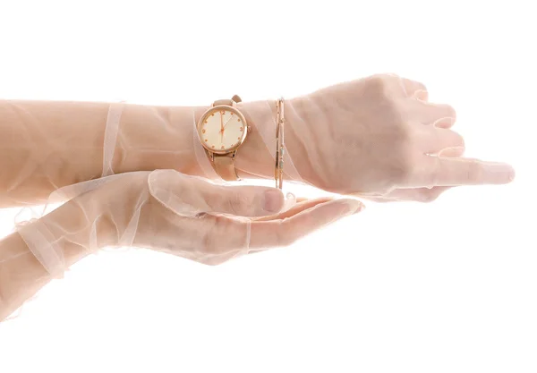Γυναίκα Γάντια Χρυσό Ρολόι Χειρός Λευκό Φόντο — Φωτογραφία Αρχείου