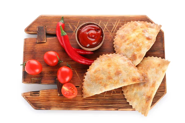 Wooden Board Baked Meat Empanadas Vegetables Sauce White Background — Stock Photo, Image