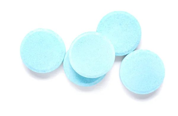 Fehér Alapon Izolált Kék Színű Oldódó Tabletta — Stock Fotó