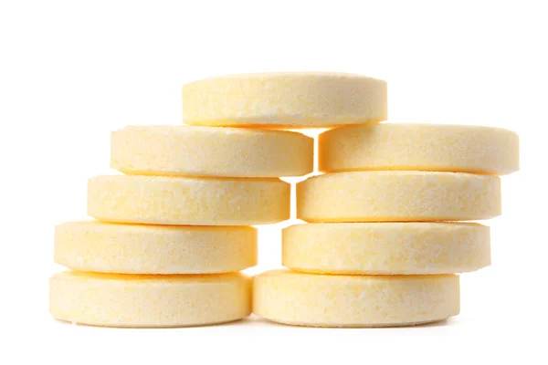 Hromady Žlutých Rozpustných Tablet Izolovaných Bílém Pozadí — Stock fotografie