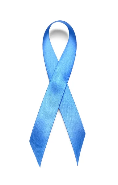 Μπλε Σατέν Κορδέλα Λευκό Φόντο Έννοια Του Καρκίνου Του Προστάτη — Φωτογραφία Αρχείου