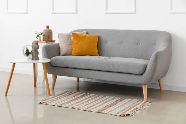 Cozy Grey Sofa Cushions Houseplants Tables White Wall — Stock Photo, Image
