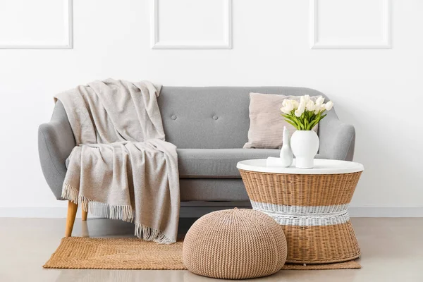 Cozy Grey Sofa Cushion Vase Tulip Flowers Table Pouf White — Stock Photo, Image