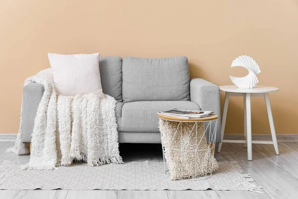 Cozy Grey Sofa Cushion Magazine Decorative Figure Table Beige Wall — Stock Photo, Image