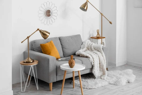 Cozy Grey Sofa Cushion Lamps Decorative Pineapples Table Light Wall — Stock Photo, Image