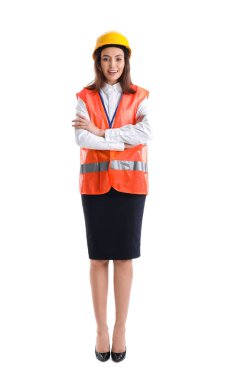 Female worker in vest and hardhat on white background