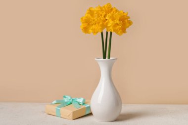 Vazo narsisli çiçekler ve bej duvarın yanındaki masada hediye.