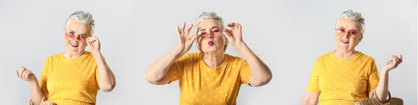 Collage Snygga Äldre Kvinna Ljus Bakgrund — Stockfoto