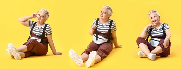 Collage Van Stijlvolle Oudere Vrouw Gele Achtergrond — Stockfoto