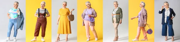 Collage Stylish Elderly Woman Color Background — Stock Photo, Image