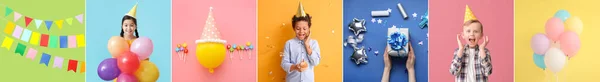 Uroczysty Kolaż Przyjęcie Urodzinowe Tle Koloru — Zdjęcie stockowe