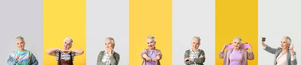 光と黄色の背景にスタイリッシュな高齢女性のコラージュ — ストック写真