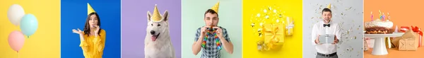 色の背景に誕生日パーティーのためのコラージュ — ストック写真