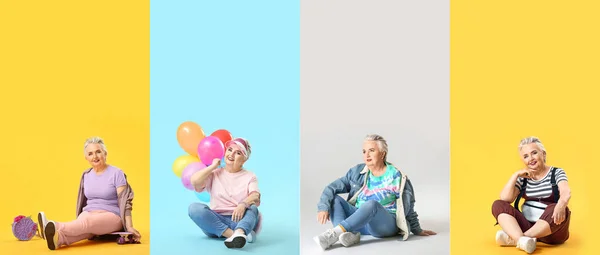 Коллаж Стильной Пожилой Женщины Цветном Фоне — стоковое фото