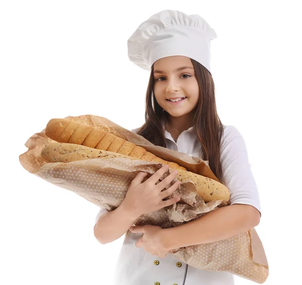 Kleiner Bäcker Mit Frischem Baguette Auf Weißem Hintergrund — Stockfoto